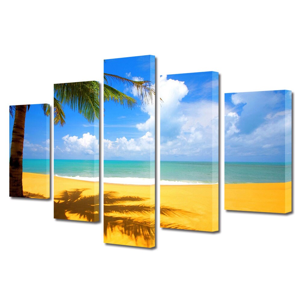 Set Tablouri Multicanvas, ArtDeco, Palmier pe plaja insorita, Panza pe cadru de lemn, Decoratiuni Moderne pentru Casa, 5 piese, 100 x 175 cm