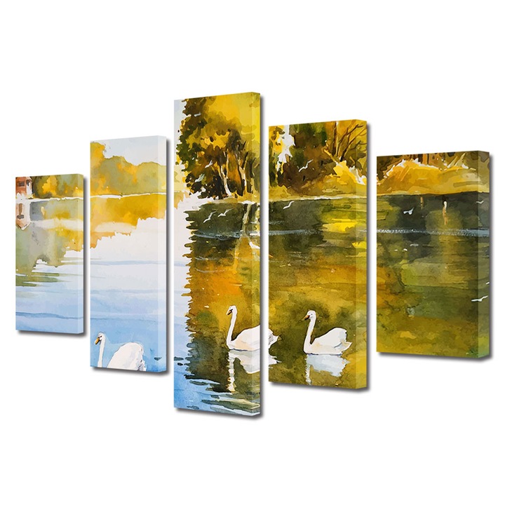Set Tablouri Multicanvas, ArtDeco, Lebede pictate pe lacul cristalin, Panza pe cadru de lemn, Decoratiuni Moderne pentru Casa, 5 piese, 70 x 125 cm