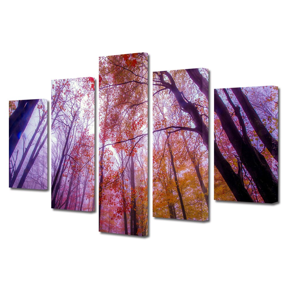 Set Tablouri Multicanvas, ArtDeco, Lumina violet in padurea tomnatica, Panza pe cadru de lemn, Decoratiuni Moderne pentru Casa, 5 piese, 60 x 100 cm