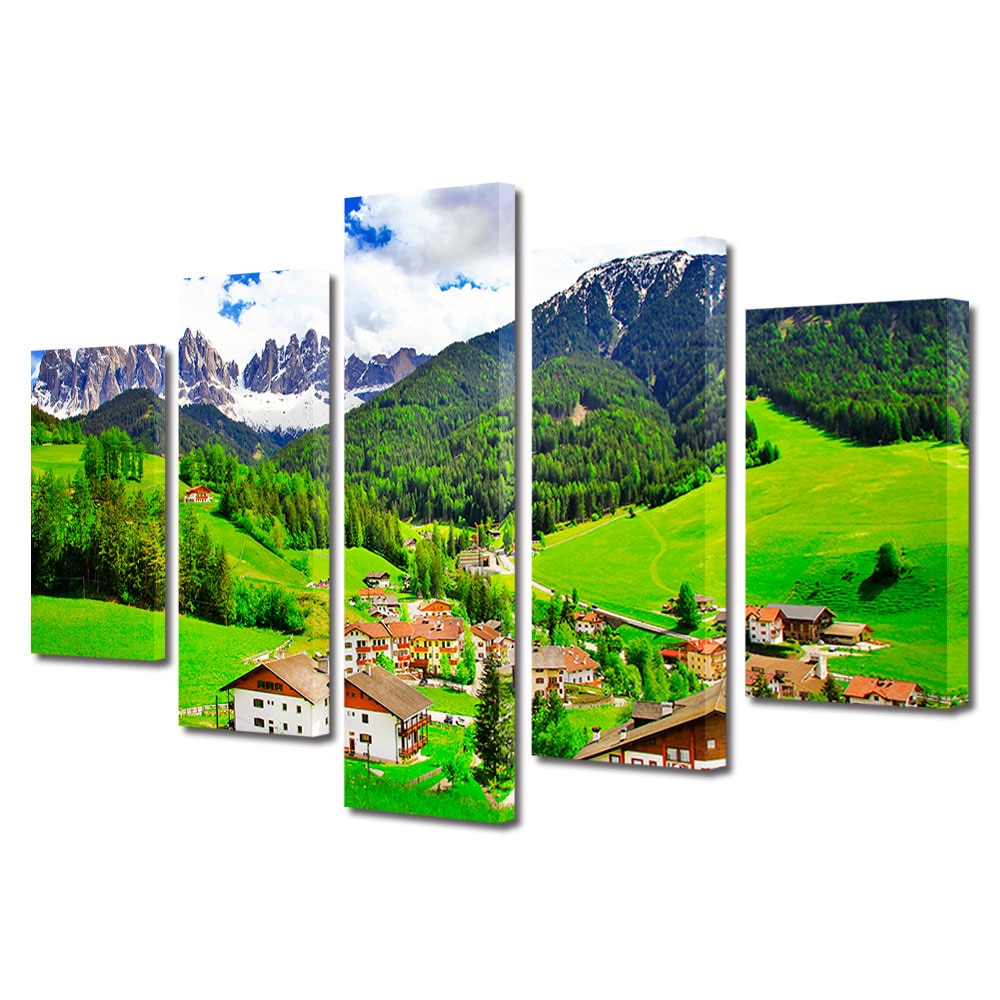 Set Tablouri Multicanvas, ArtDeco, Statiune montana, Panza pe cadru de lemn, Decoratiuni Moderne pentru Casa, 5 piese, 60 x 100 cm