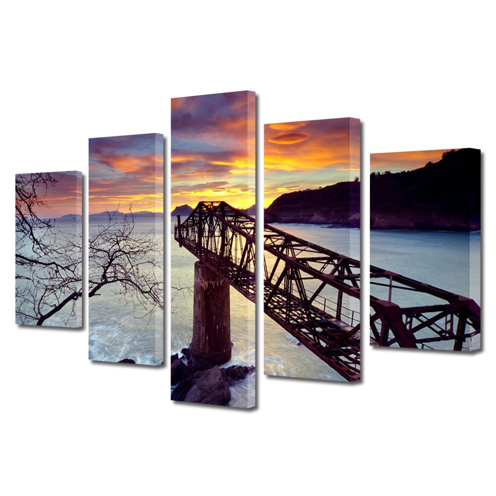 Set Tablouri Multicanvas, ArtDeco, Pod invechit peste apele agitate, Panza pe cadru de lemn, Decoratiuni Moderne pentru Casa, 5 piese, 70 x 125 cm