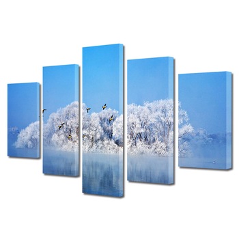 Set Tablouri Multicanvas, ArtDeco, Copaci inzapeziti si pasari zburand, Panza pe cadru de lemn, Decoratiuni Moderne pentru Casa, 5 piese, 110 x 200 cm Set Tablouri Multicanvas, ArtDeco, Copaci inzapeziti si pasari zburand, Panza pe cadru de lemn, Decoratiuni Moderne pentru Casa, 5 piese, 110 x 200 cm