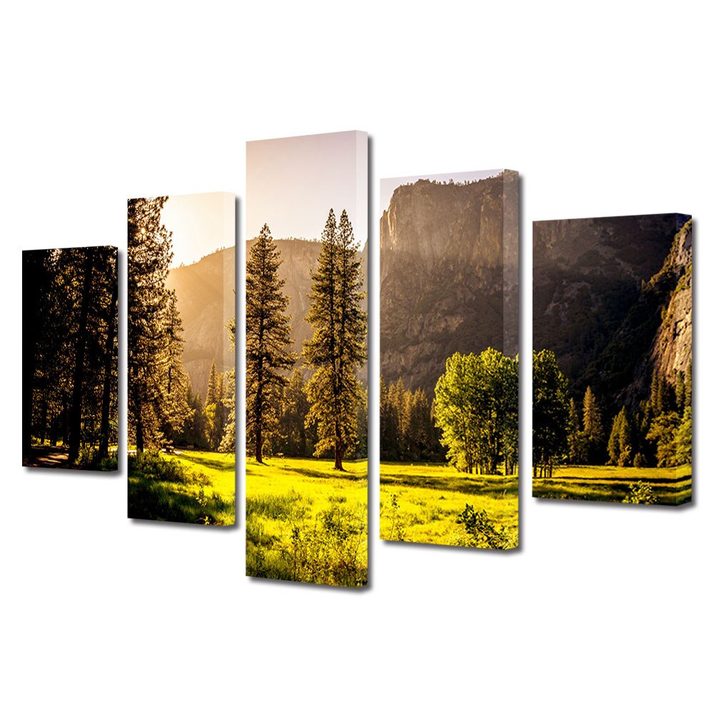 Set Tablouri Multicanvas, ArtDeco, Lumina soarelui printre brazi, Panza pe cadru de lemn, Decoratiuni Moderne pentru Casa, 5 piese, 100 x 175 cm