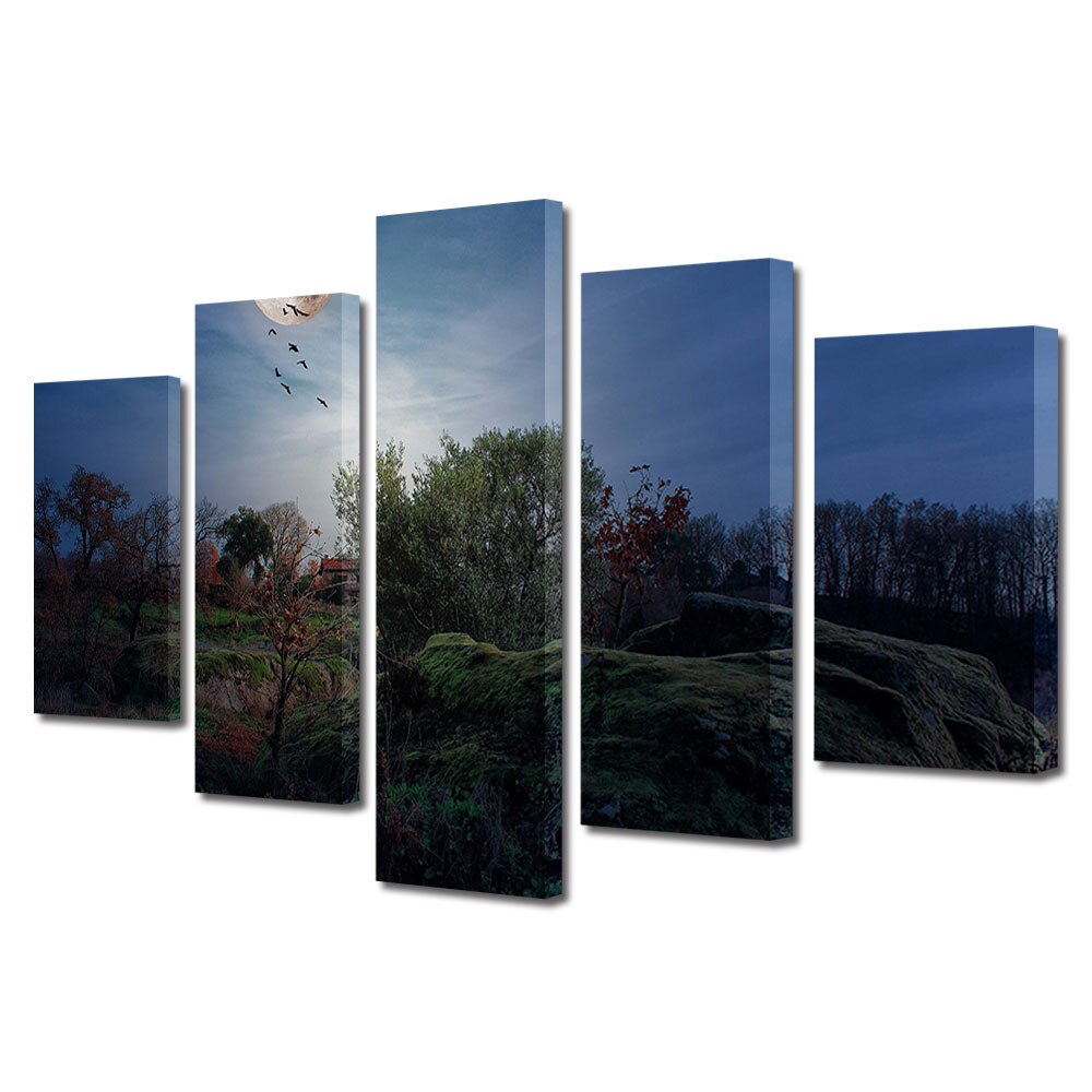 Set Tablouri Multicanvas, ArtDeco, Luna plina ca-n povesti, Panza pe cadru de lemn, Decoratiuni Moderne pentru Casa, 5 piese, 120 x 225 cm