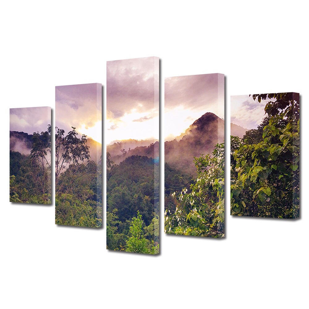 Set Tablouri Multicanvas, ArtDeco, Ceata si nori deasupra padurii, Panza pe cadru de lemn, Decoratiuni Moderne pentru Casa, 5 piese, 60 x 100 cm