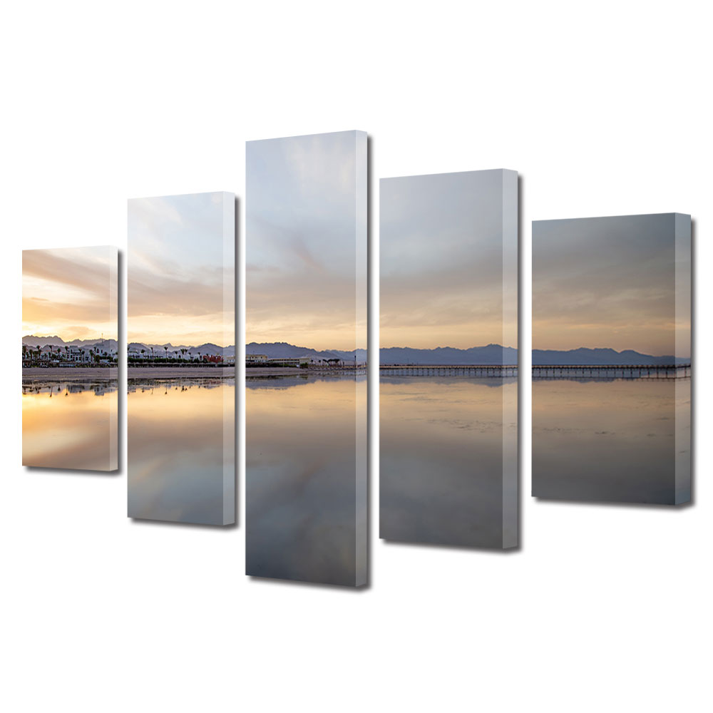 Set Tablouri Multicanvas, ArtDeco, Sat reflectat in apa, Panza pe cadru de lemn, Decoratiuni Moderne pentru Casa, 5 piese, 100 x 175 cm