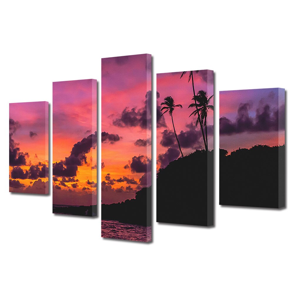 Set Tablouri Multicanvas, ArtDeco, Apus exotic, Panza pe cadru de lemn, Decoratiuni Moderne pentru Casa, 5 piese, 60 x 100 cm