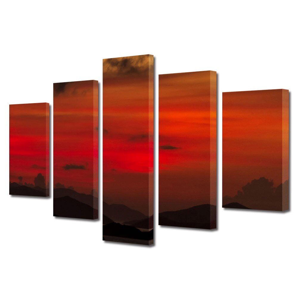 Set Tablouri Multicanvas, ArtDeco, Cer rosu, Panza pe cadru de lemn, Decoratiuni Moderne pentru Casa, 5 piese, 60 x 100 cm