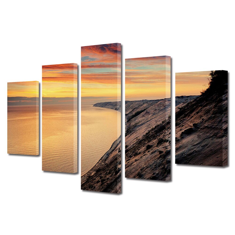 Set Tablouri Multicanvas, ArtDeco, Ape linistite in lumina calda, Panza pe cadru de lemn, Decoratiuni Moderne pentru Casa, 5 piese, 80 x 150 cm