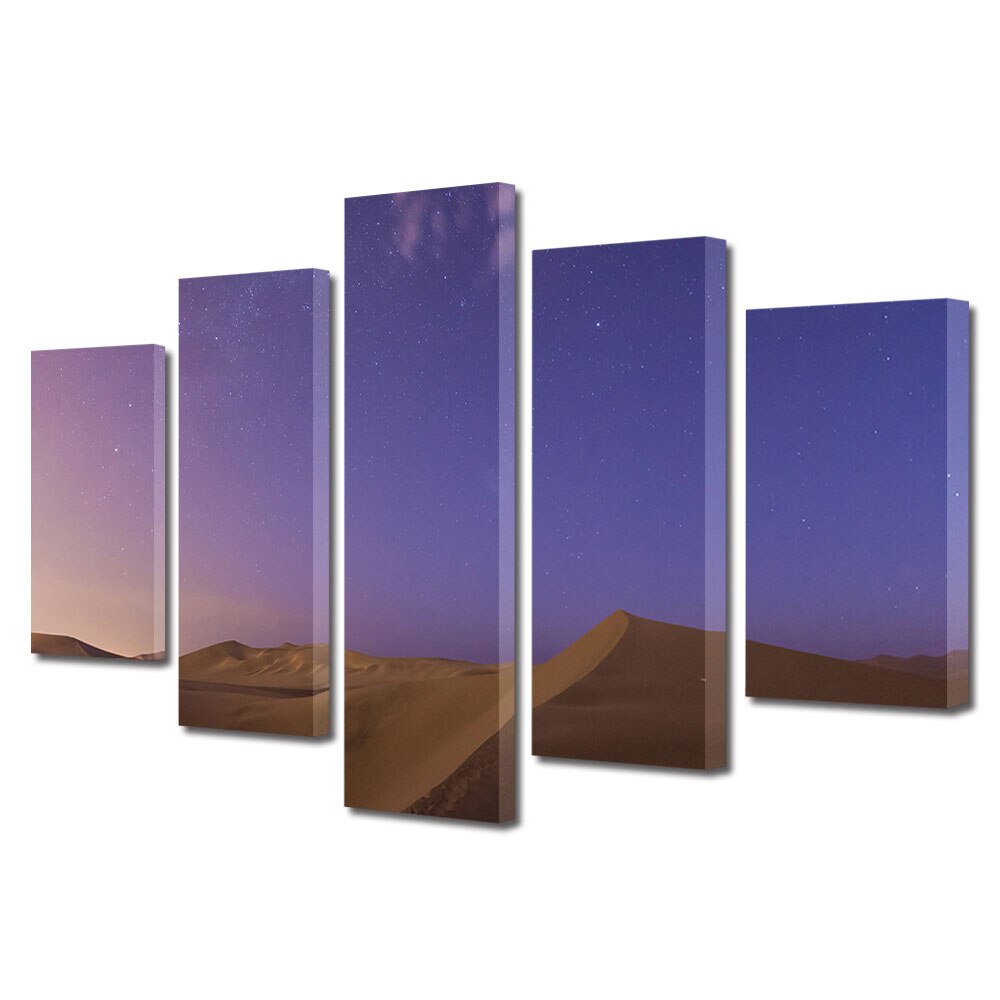 Set Tablouri Multicanvas, ArtDeco, Dune sub cerul violet, Panza pe cadru de lemn, Decoratiuni Moderne pentru Casa, 5 piese, 110 x 200 cm