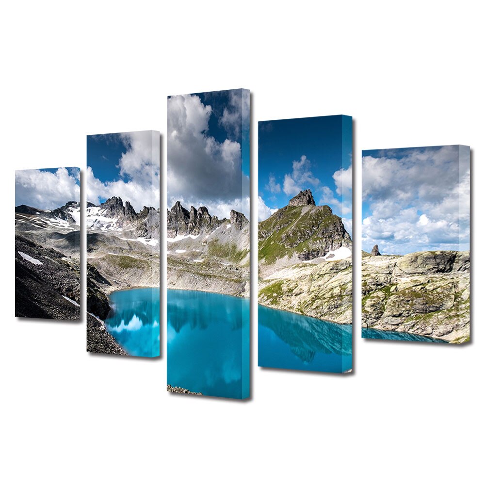 Set Tablouri Multicanvas, ArtDeco, Lac albastru la munte, Panza pe cadru de lemn, Decoratiuni Moderne pentru Casa, 5 piese, 100 x 175 cm
