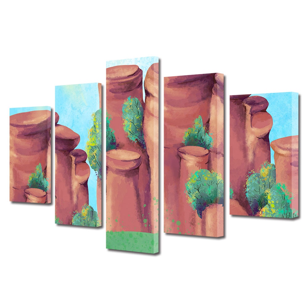 Set Tablouri Multicanvas, ArtDeco, Stanci pictate in natura inverzita, Panza pe cadru de lemn, Decoratiuni Moderne pentru Casa, 5 piese, 120 x 225 cm