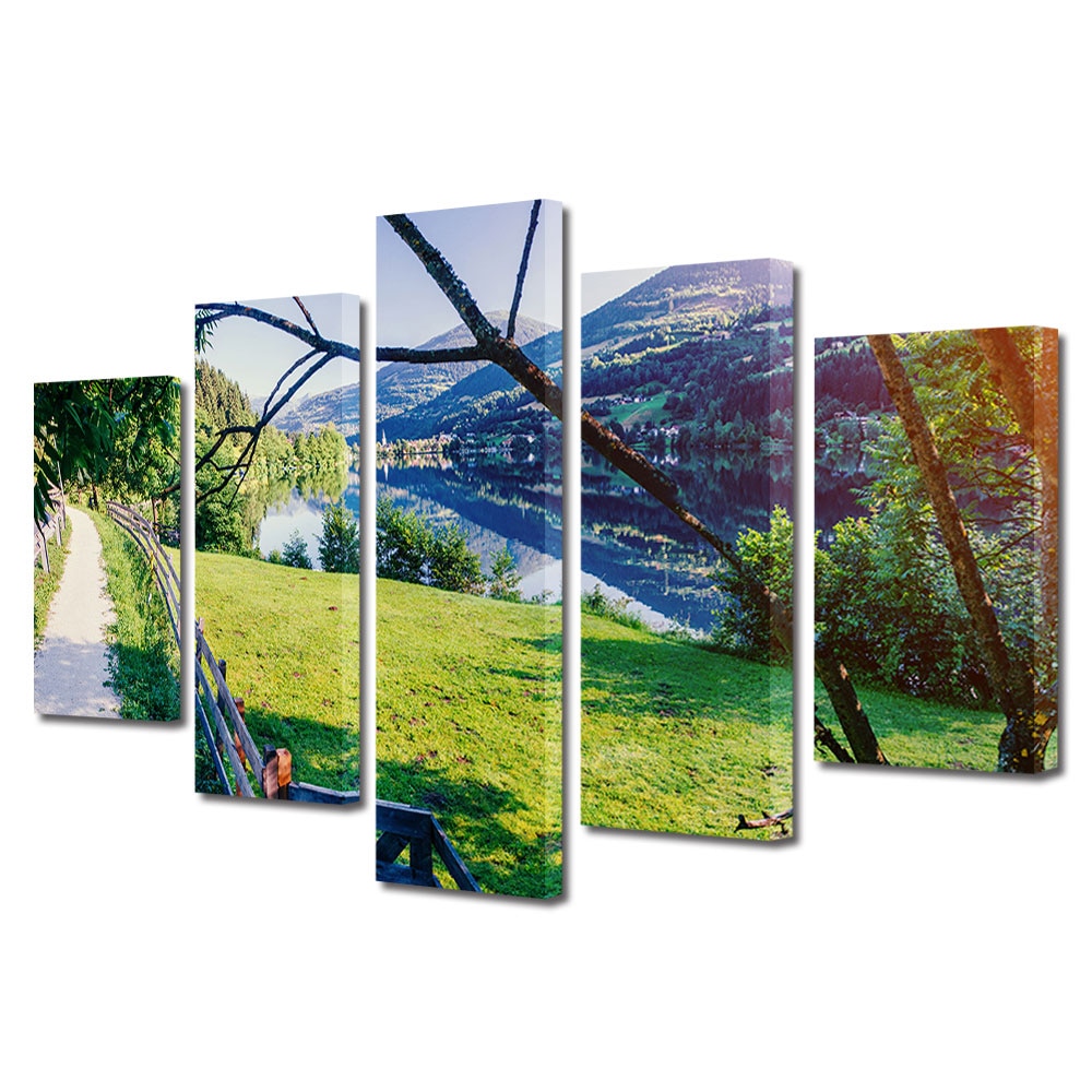 Set Tablouri Multicanvas, ArtDeco, Lac la munte in Italia, Panza pe cadru de lemn, Decoratiuni Moderne pentru Casa, 5 piese, 110 x 200 cm