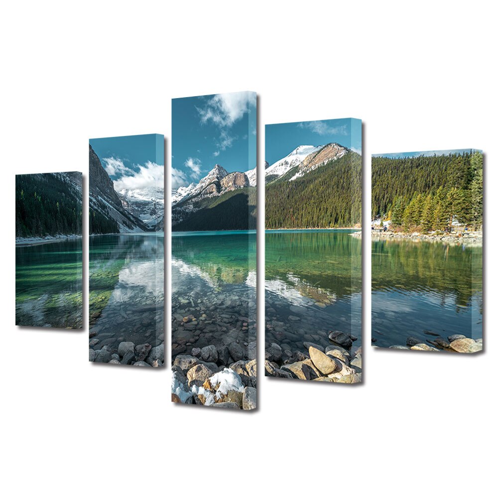 Set Tablouri Multicanvas, ArtDeco, Lac turcoaz si cer albastru, Panza pe cadru de lemn, Decoratiuni Moderne pentru Casa, 5 piese, 80 x 150 cm