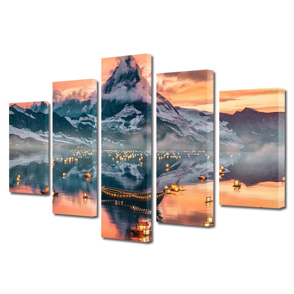 Set Tablouri Multicanvas, ArtDeco, Magie pe apa, Panza pe cadru de lemn, Decoratiuni Moderne pentru Casa, 5 piese, 100 x 175 cm