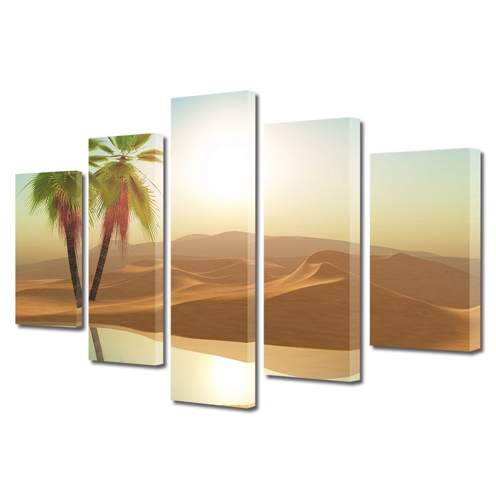 Set Tablouri Multicanvas, ArtDeco, Palmieri in desert, Panza pe cadru de lemn, Decoratiuni Moderne pentru Casa, 5 piese, 60 x 100 cm