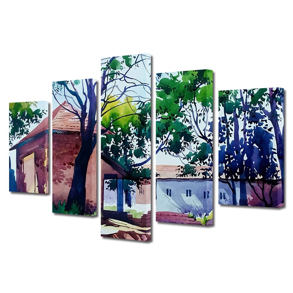 Set Tablouri Multicanvas, ArtDeco, Asezare omeneasca in natura, Panza pe cadru de lemn, Decoratiuni Moderne pentru Casa, 5 piese, 70 x 125 cm