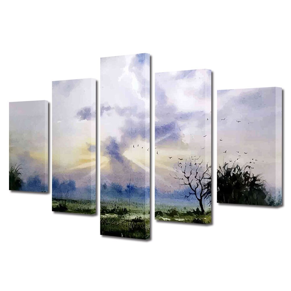 Set Tablouri Multicanvas, ArtDeco, Soare dupa nori, Panza pe cadru de lemn, Decoratiuni Moderne pentru Casa, 5 piese, 60 x 100 cm