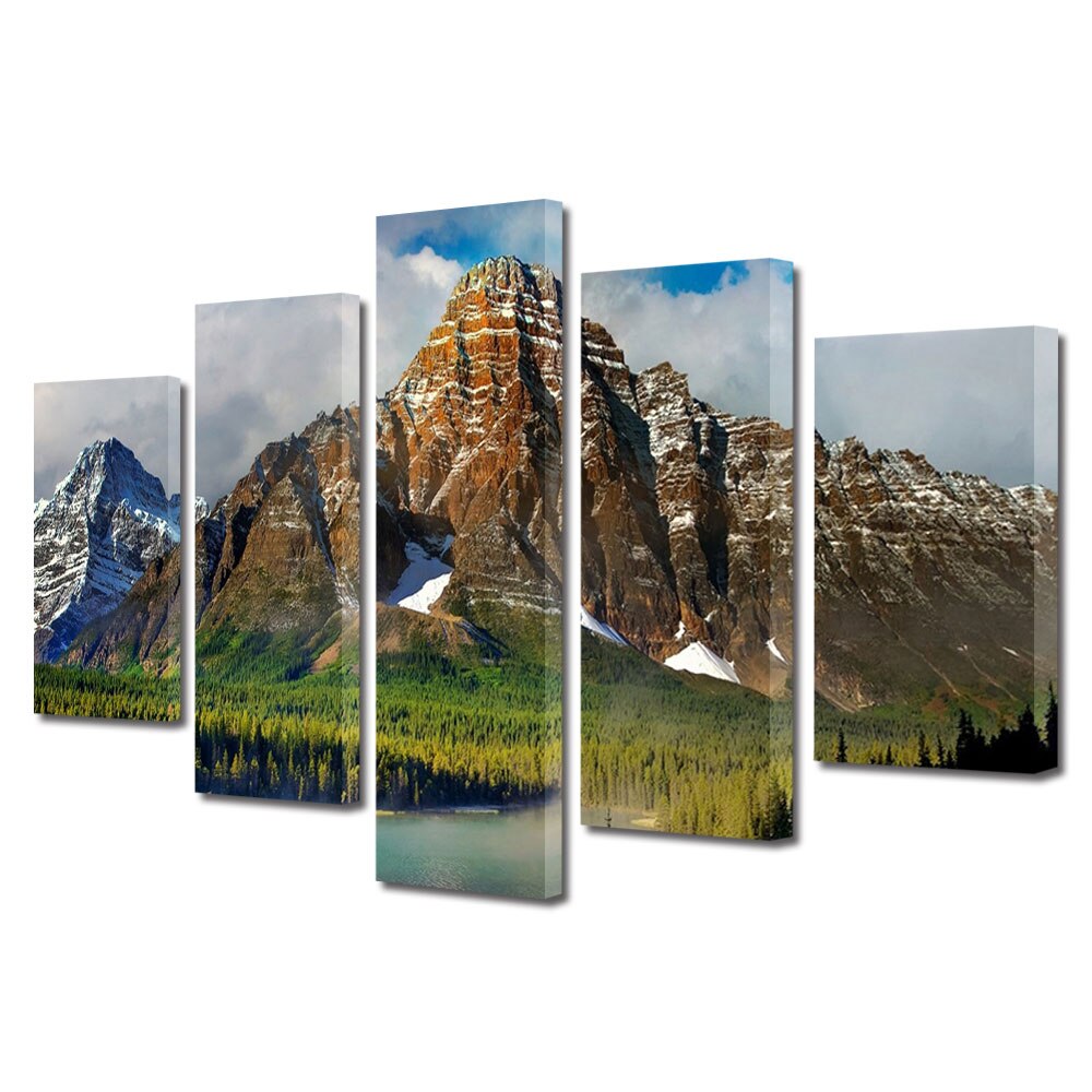 Set Tablouri Multicanvas, ArtDeco, Peisaj insorit la munte, Panza pe cadru de lemn, Decoratiuni Moderne pentru Casa, 5 piese, 100 x 175 cm