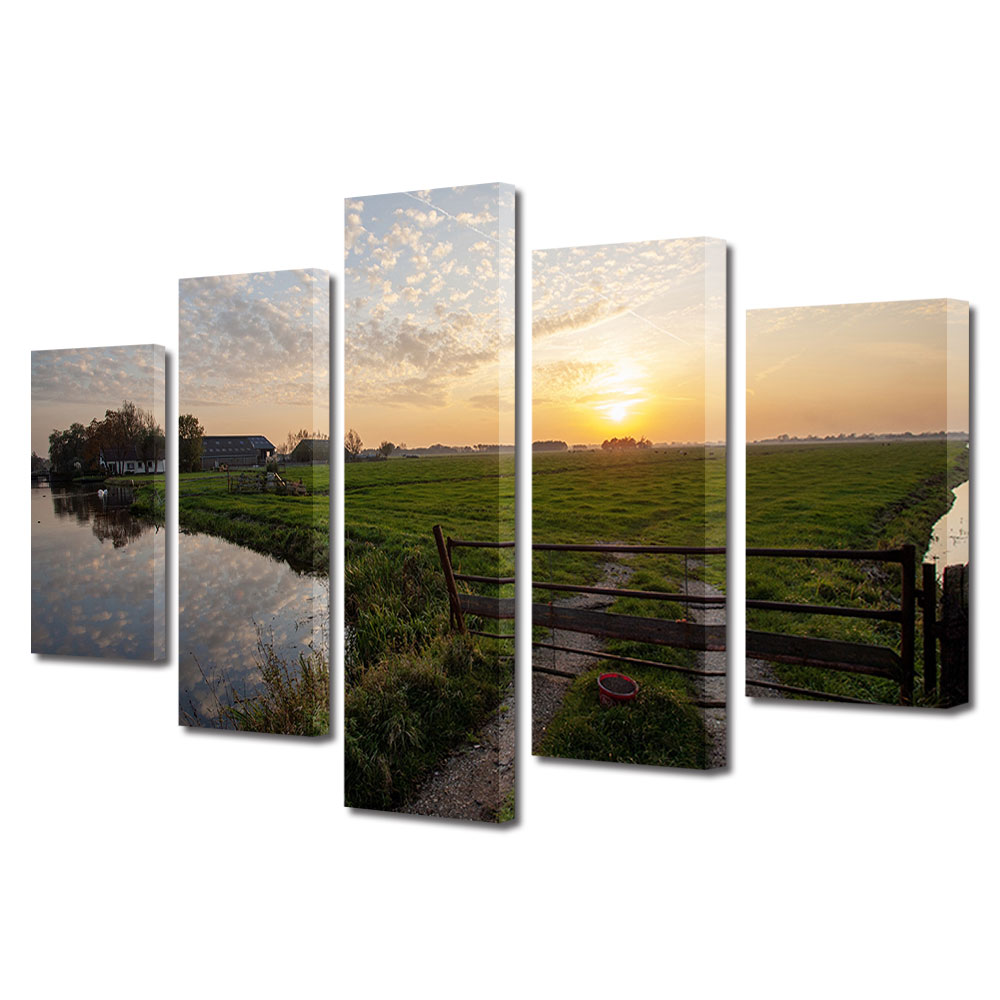 Set Tablouri Multicanvas, ArtDeco, Ferma la apus, Panza pe cadru de lemn, Decoratiuni Moderne pentru Casa, 5 piese, 60 x 100 cm