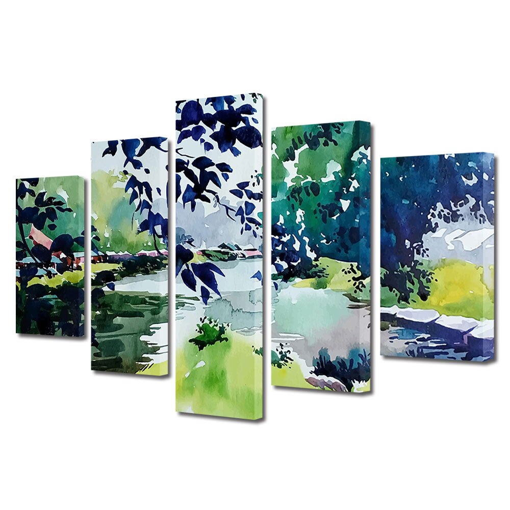 Set Tablouri Multicanvas, ArtDeco, Priveliste de vara, Panza pe cadru de lemn, Decoratiuni Moderne pentru Casa, 5 piese, 70 x 125 cm