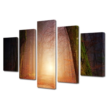 Set Tablouri Multicanvas, ArtDeco, Lumina calda a soarelui in padurea tomnatica, Panza pe cadru de lemn, Decoratiuni Moderne pentru Casa, 5 piese, 70 x 125 cm Set Tablouri Multicanvas, ArtDeco, Lumina calda a soarelui in padurea tomnatica, Panza pe cadru de lemn, Decoratiuni Moderne pentru Casa, 5 piese, 70 x 125 cm