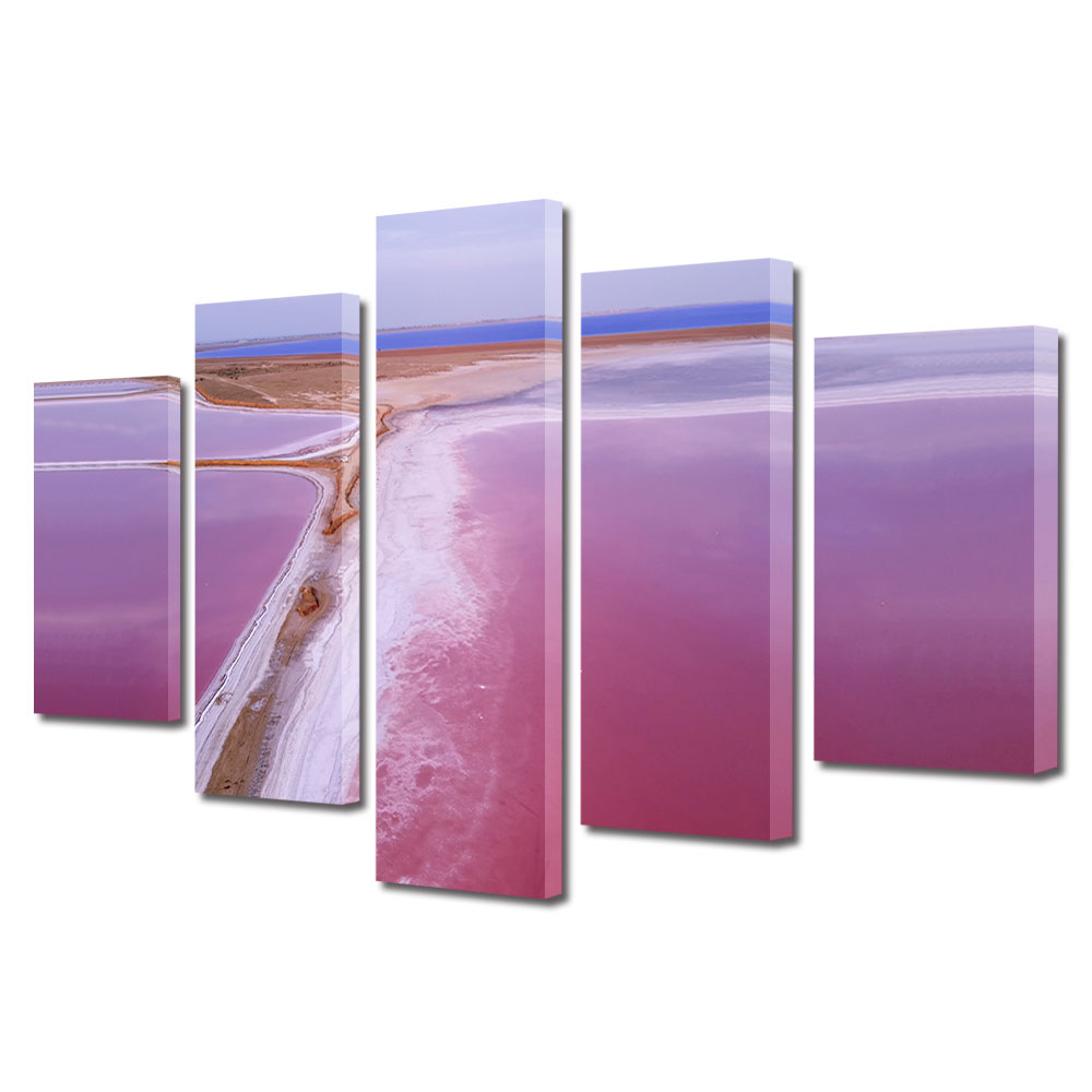 Set Tablouri Multicanvas, ArtDeco, Lac in nuante de roz si violet, Panza pe cadru de lemn, Decoratiuni Moderne pentru Casa, 5 piese, 70 x 125 cm
