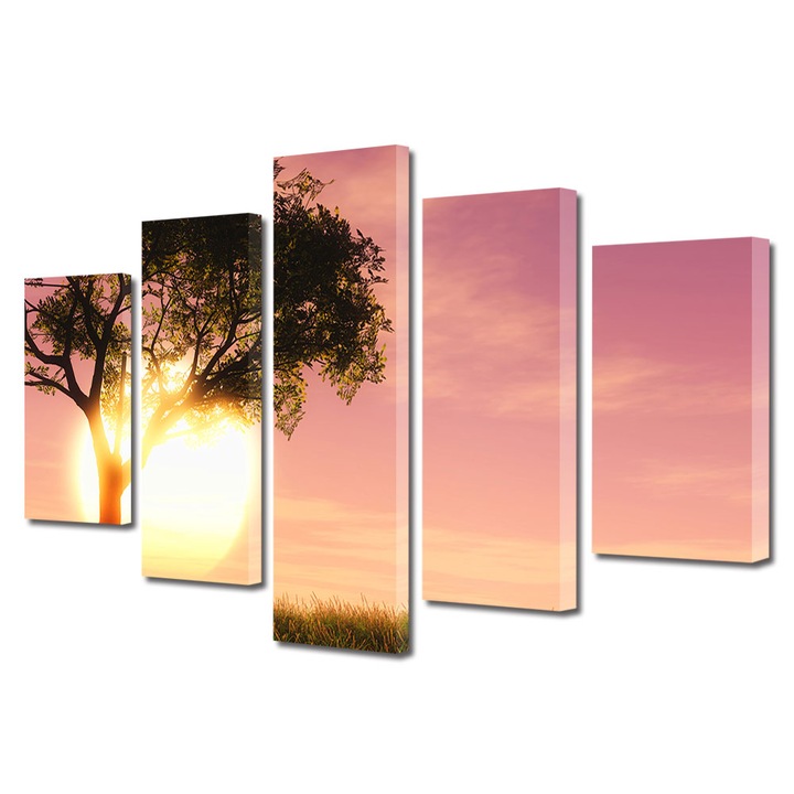 Set Tablouri Multicanvas, ArtDeco, Copac in razele soarelui la apus, Panza pe cadru de lemn, Decoratiuni Moderne pentru Casa, 5 piese, 70 x 125 cm