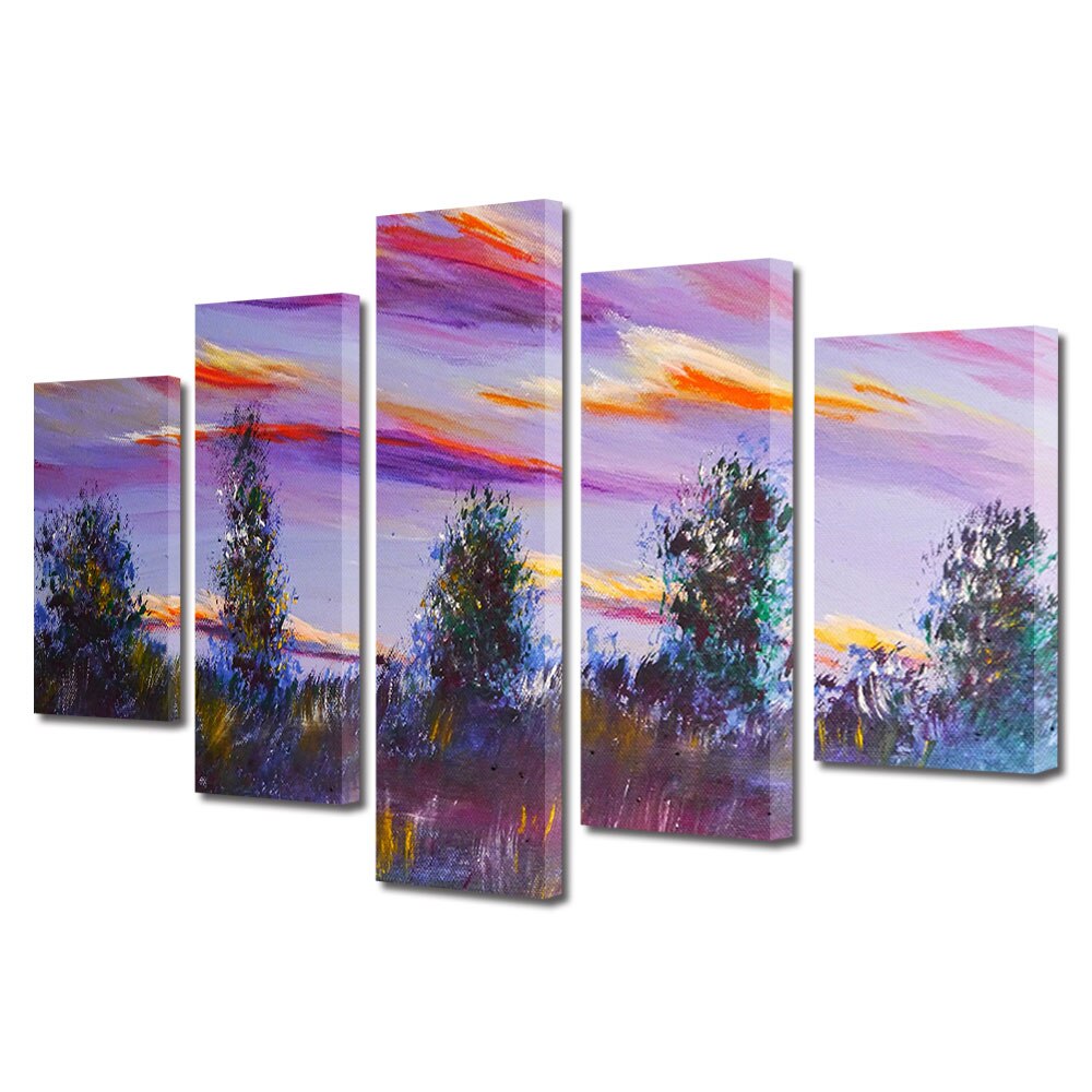 Set Tablouri Multicanvas, ArtDeco, Cer violet pictat, Panza pe cadru de lemn, Decoratiuni Moderne pentru Casa, 5 piese, 110 x 200 cm