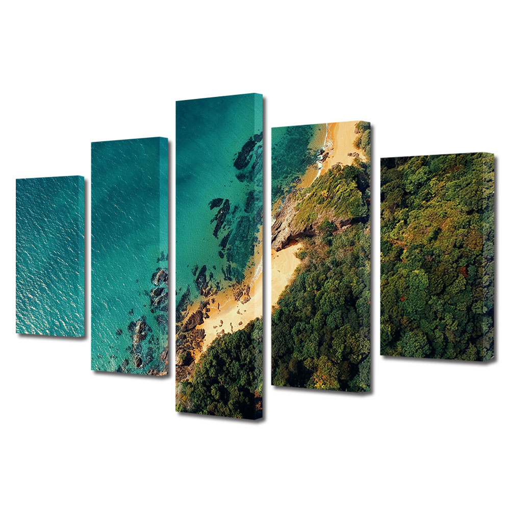 Set Tablouri Multicanvas, ArtDeco, Plaja langa padure, Panza pe cadru de lemn, Decoratiuni Moderne pentru Casa, 5 piese, 120 x 225 cm