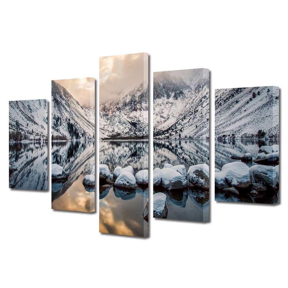 Set Tablouri Multicanvas, ArtDeco, Munti inzapeziti in oglinda, Panza pe cadru de lemn, Decoratiuni Moderne pentru Casa, 5 piese, 60 x 100 cm