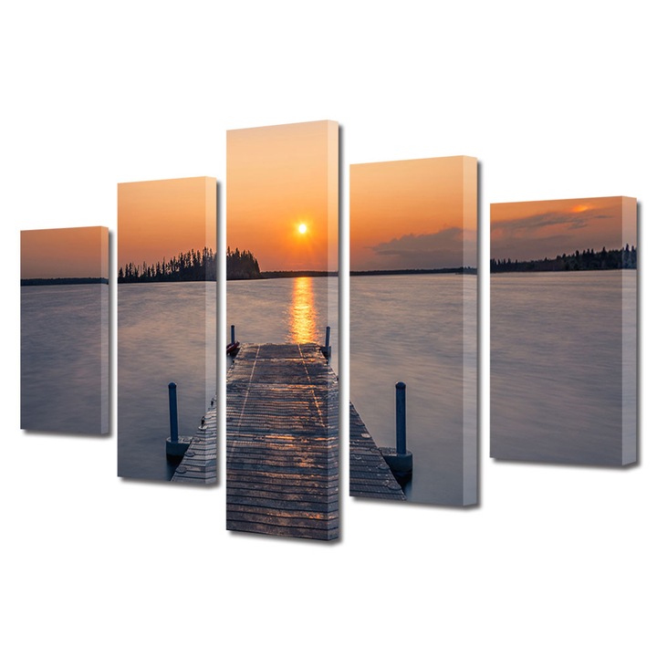 Set Tablouri Multicanvas, ArtDeco, Ponton pustiu la apus, Panza pe cadru de lemn, Decoratiuni Moderne pentru Casa, 5 piese, 60 x 100 cm
