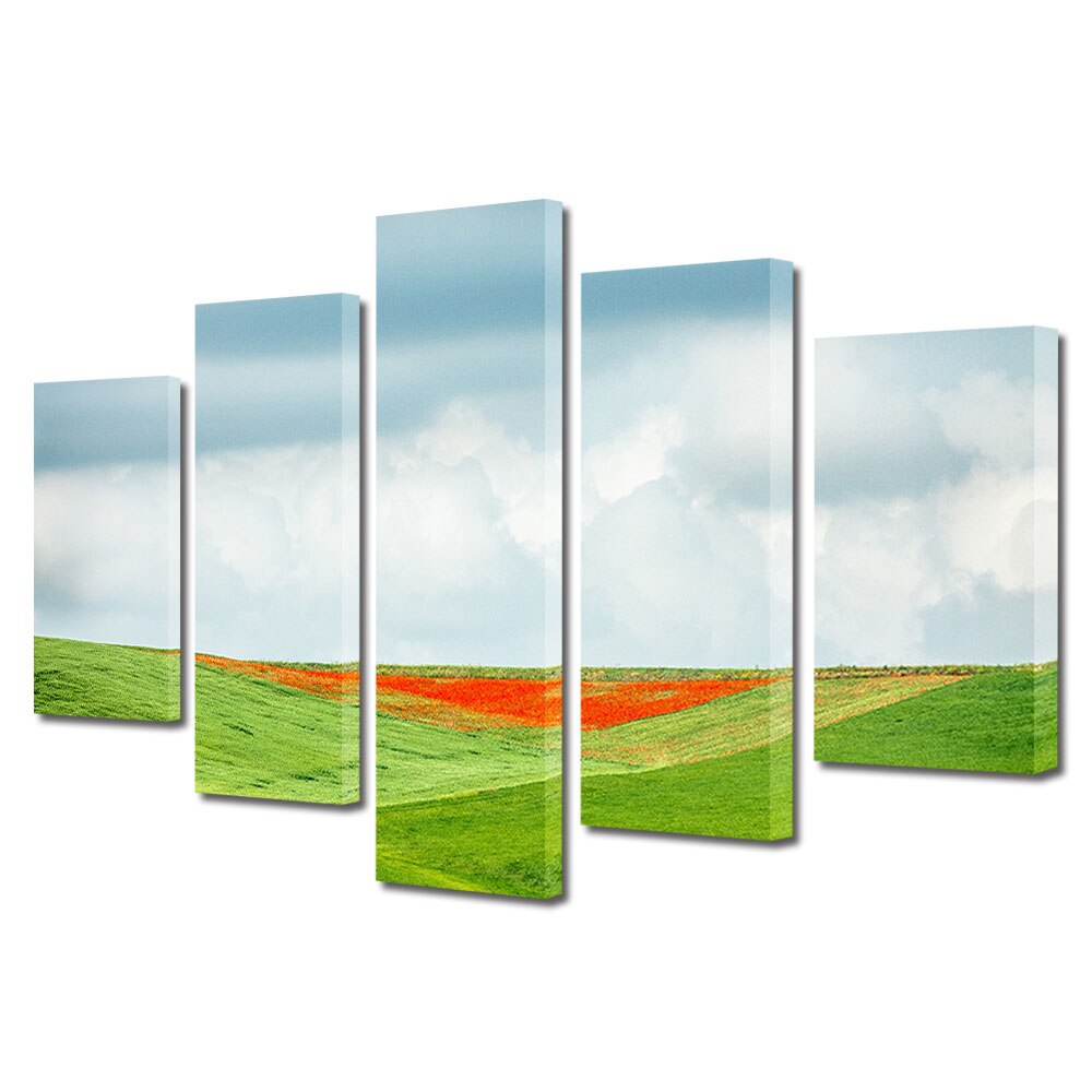 Set Tablouri Multicanvas, ArtDeco, Flori rosii pe campia verde, Panza pe cadru de lemn, Decoratiuni Moderne pentru Casa, 5 piese, 100 x 175 cm