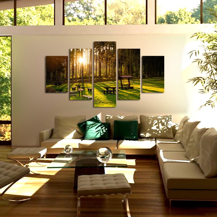 Set Tablouri Multicanvas, ArtDeco, Foisor in padure, Panza pe cadru de lemn, Decoratiuni Moderne pentru Casa, 5 piese, 70 x 125 cm