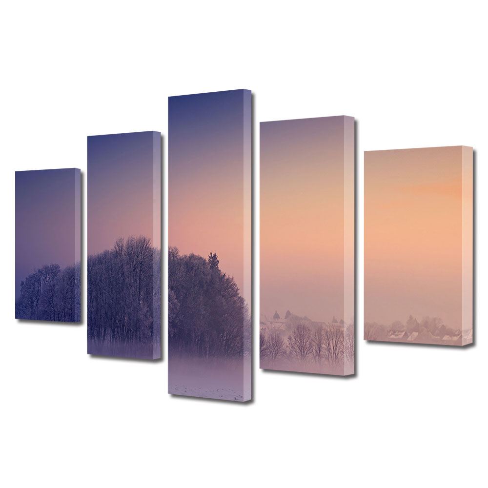 Set Tablouri Multicanvas, ArtDeco, Seara violet, Panza pe cadru de lemn, Decoratiuni Moderne pentru Casa, 5 piese, 60 x 100 cm