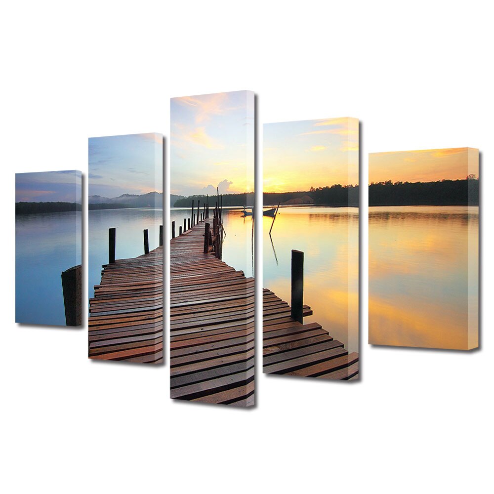 Set Tablouri Multicanvas, ArtDeco, Ponton deasupra lacului limpede, Panza pe cadru de lemn, Decoratiuni Moderne pentru Casa, 5 piese, 100 x 175 cm