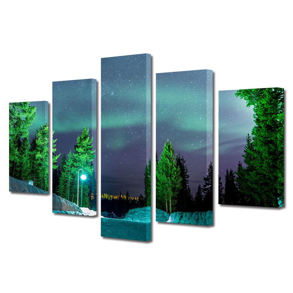 Set Tablouri Multicanvas, ArtDeco, Drum iluminat iarna, Panza pe cadru de lemn, Decoratiuni Moderne pentru Casa, 5 piese, 70 x 125 cm