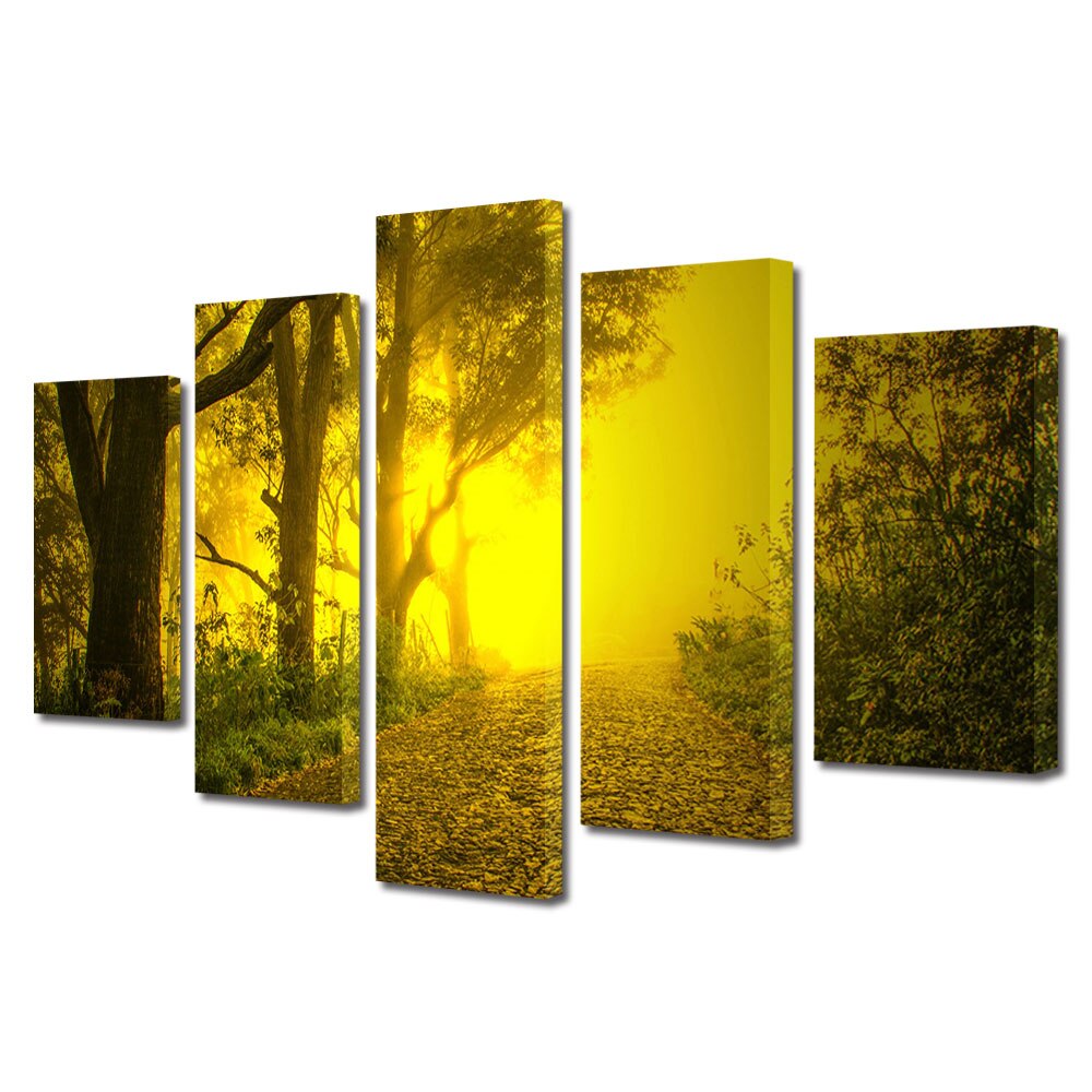 Set Tablouri Multicanvas, ArtDeco, Lumina de foc pe drum, Panza pe cadru de lemn, Decoratiuni Moderne pentru Casa, 5 piese, 70 x 125 cm