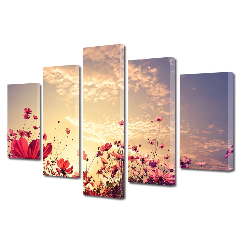 Set Tablouri Multicanvas, ArtDeco, Flori rosii sub cerul de foc, Panza pe cadru de lemn, Decoratiuni Moderne pentru Casa, 5 piese, 110 x 200 cm