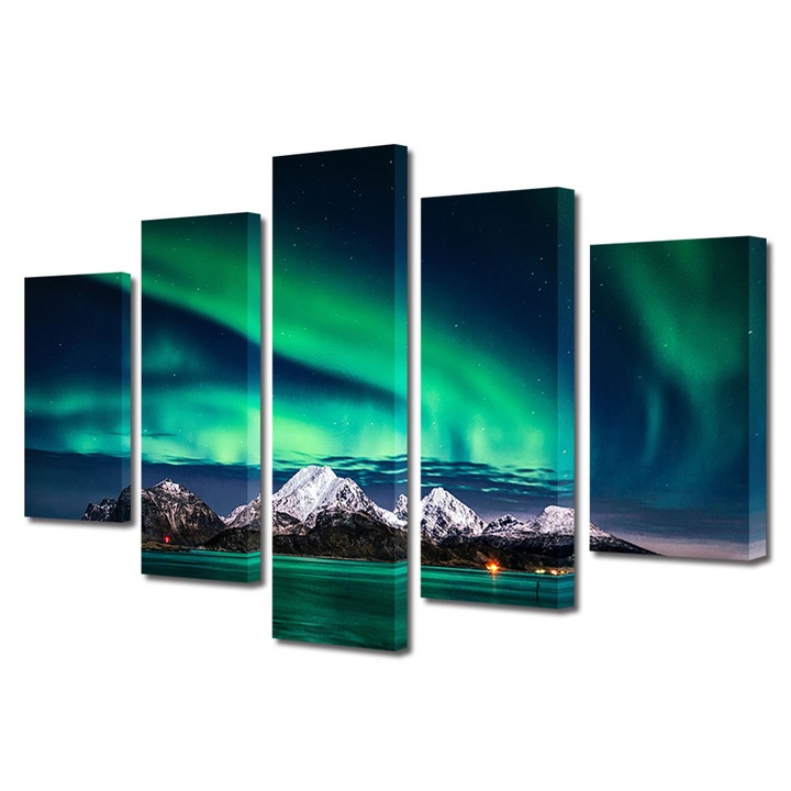 Set Tablouri Multicanvas, ArtDeco, Aurora boreala deasupra muntilor inzapeziti, Panza pe cadru de lemn, Decoratiuni Moderne pentru Casa, 5 piese, 100 x 175 cm