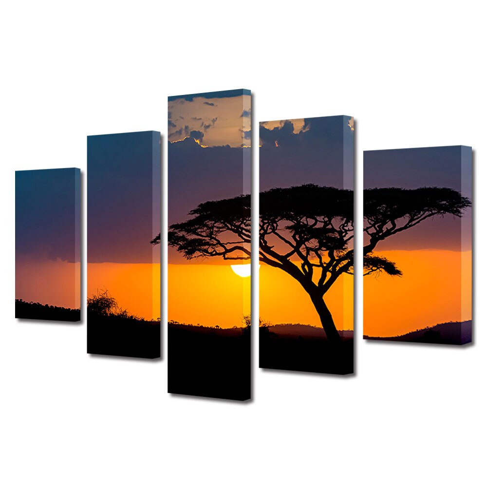 Set Tablouri Multicanvas, ArtDeco, Silueta de copac in savana, Panza pe cadru de lemn, Decoratiuni Moderne pentru Casa, 5 piese, 60 x 100 cm