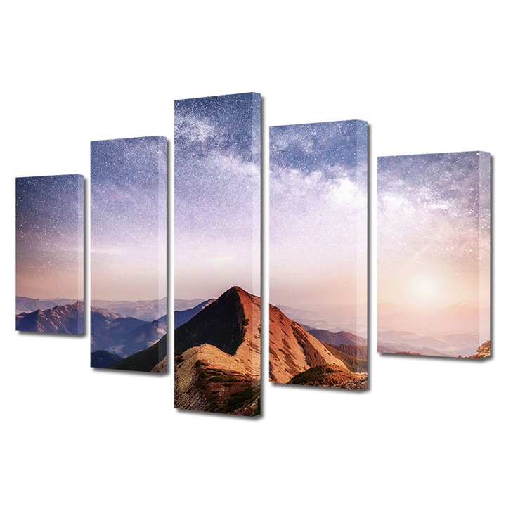Set Tablouri Multicanvas, ArtDeco, Stele deasupra muntilor, Panza pe cadru de lemn, Decoratiuni Moderne pentru Casa, 5 piese, 60 x 100 cm