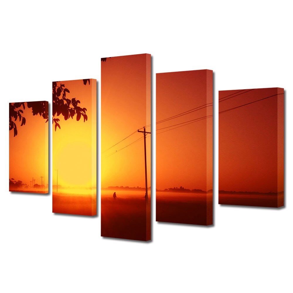 Set Tablouri Multicanvas, ArtDeco, Soare misterios, Panza pe cadru de lemn, Decoratiuni Moderne pentru Casa, 5 piese, 110 x 200 cm