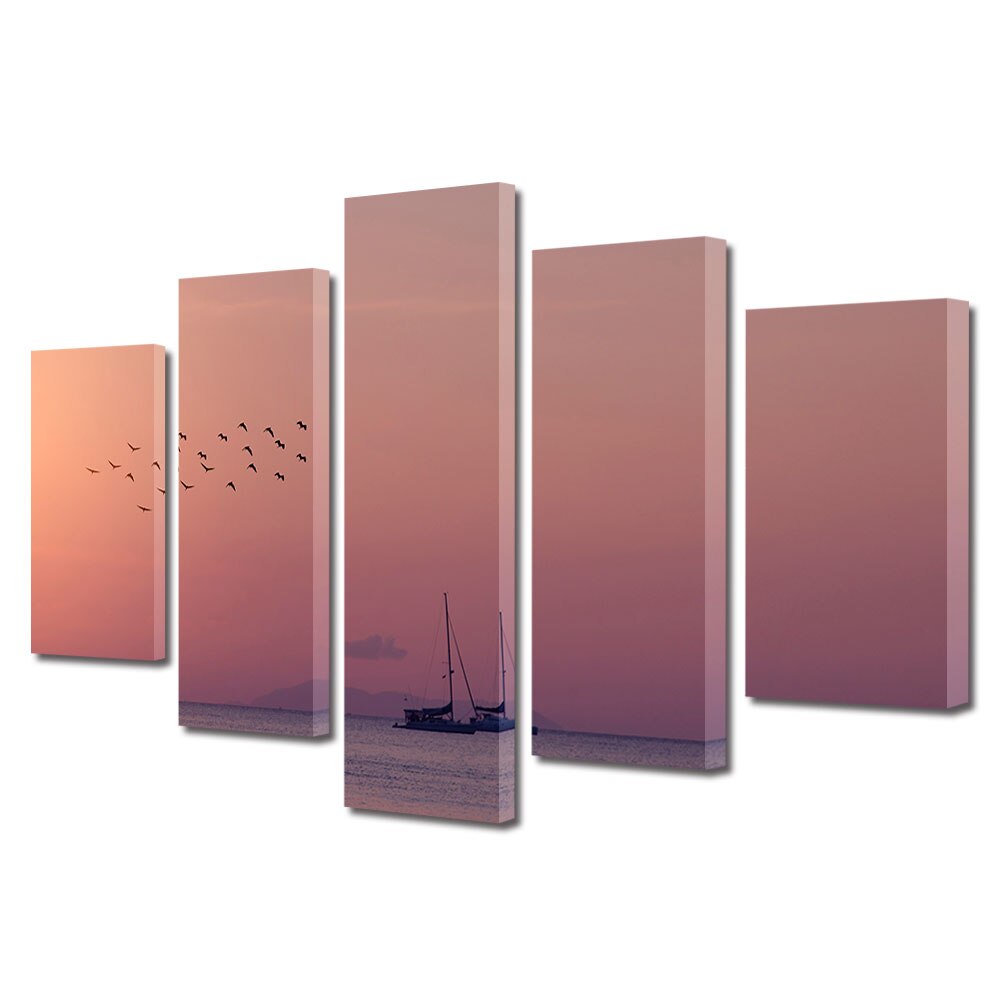 Set Tablouri Multicanvas, ArtDeco, Pasarile strabat marea, Panza pe cadru de lemn, Decoratiuni Moderne pentru Casa, 5 piese, 60 x 100 cm