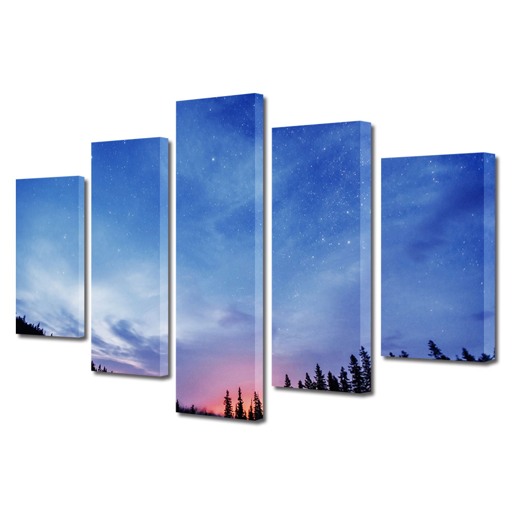 Set Tablouri Multicanvas, ArtDeco, Cer albastru presarat cu stele, Panza pe cadru de lemn, Decoratiuni Moderne pentru Casa, 5 piese, 110 x 200 cm