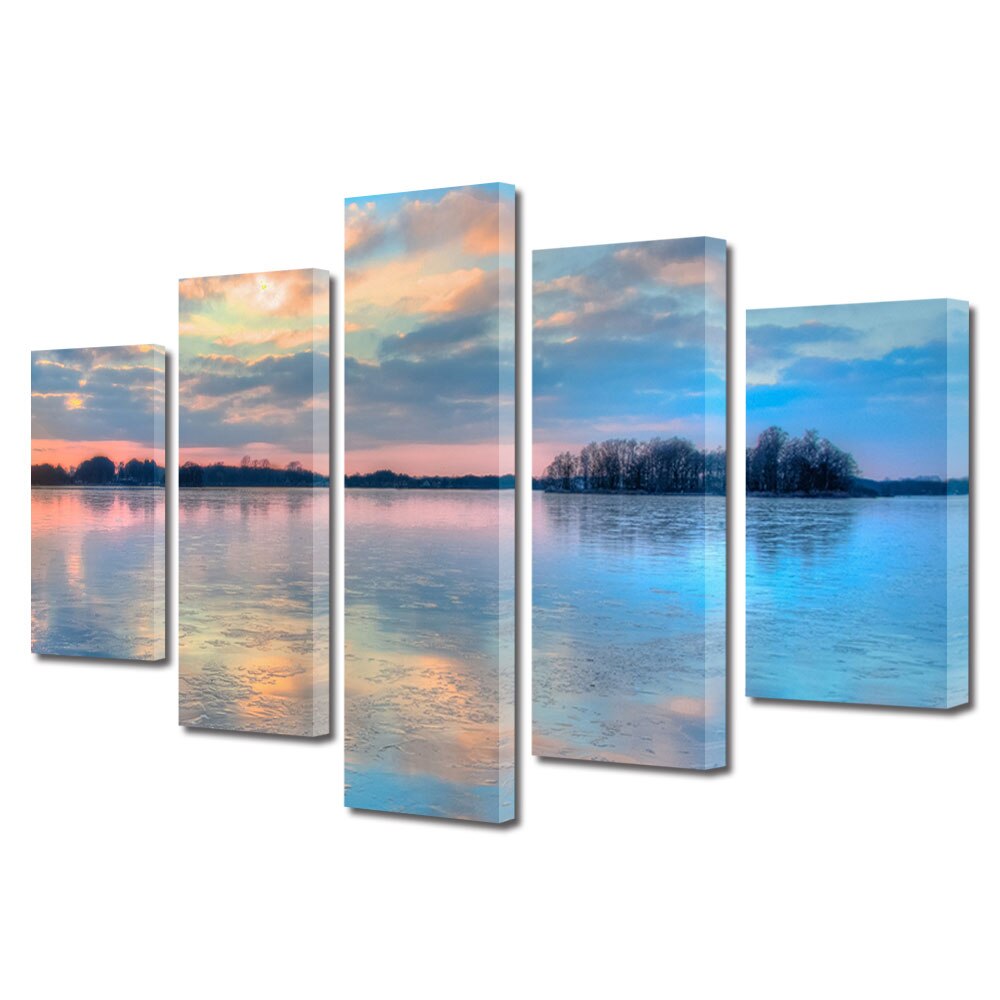 Set Tablouri Multicanvas, ArtDeco, Lac inghetat reflectand cerul, Panza pe cadru de lemn, Decoratiuni Moderne pentru Casa, 5 piese, 110 x 200 cm