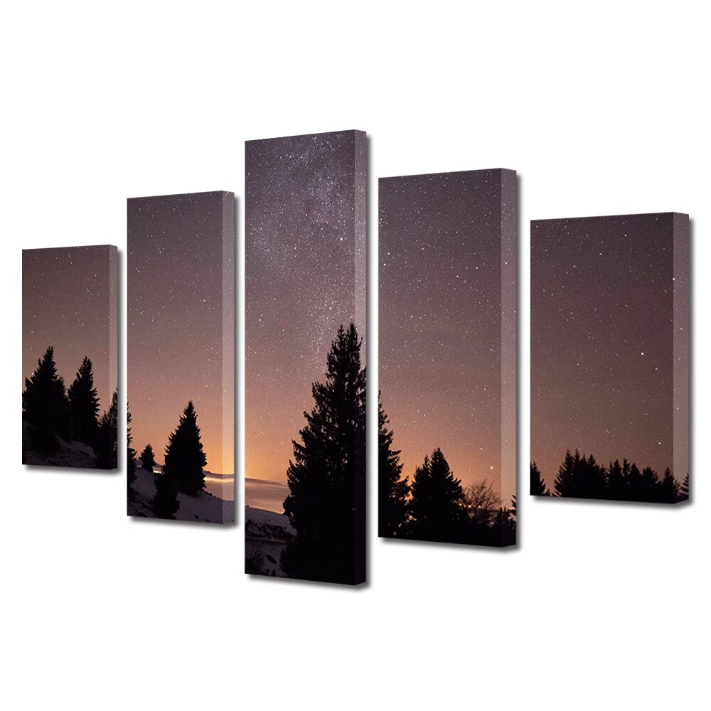 Set Tablouri Multicanvas, ArtDeco, Stele pe cerul rosiatic, Panza pe cadru de lemn, Decoratiuni Moderne pentru Casa, 5 piese, 60 x 100 cm