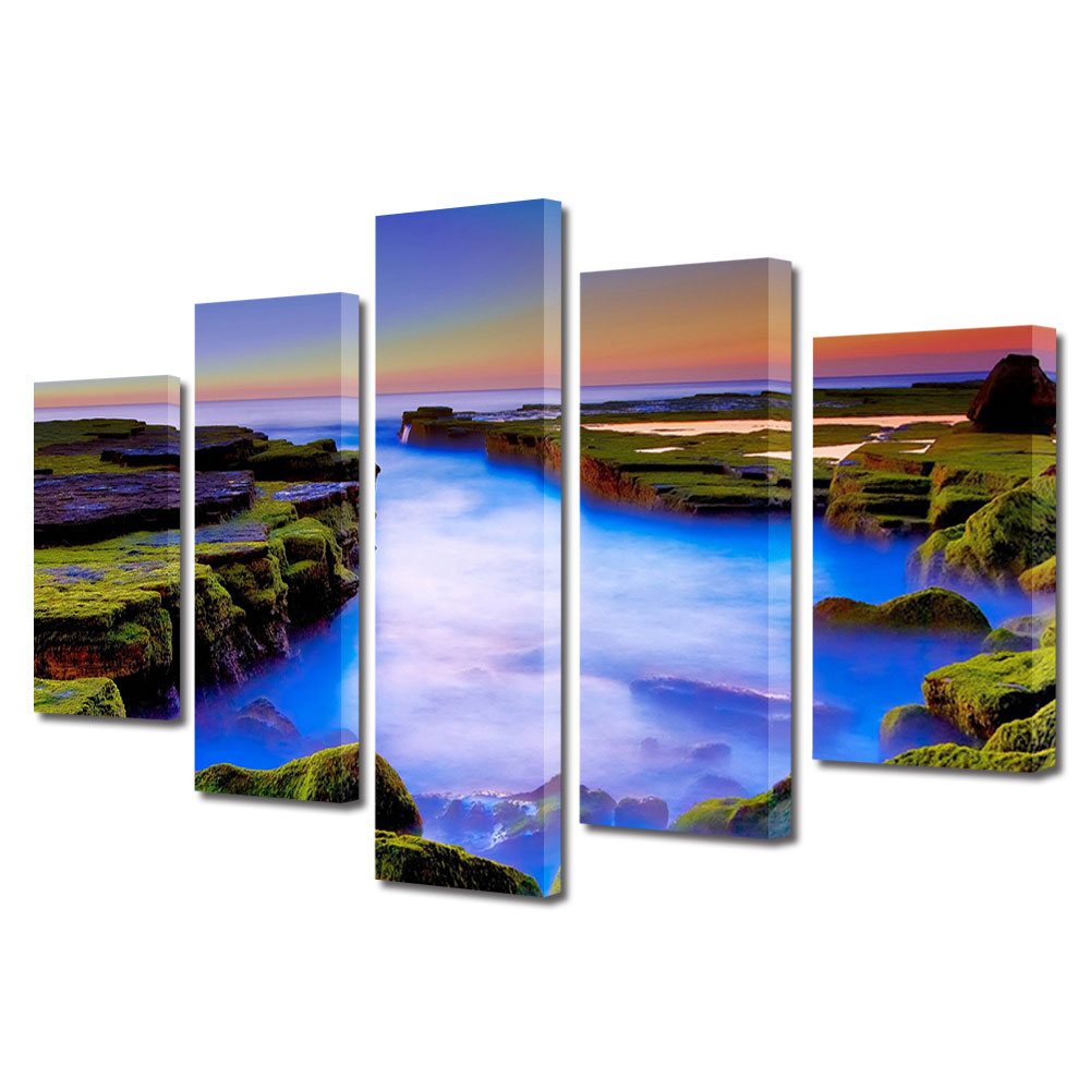 Set Tablouri Multicanvas, ArtDeco, Ocean albastru si cer in culori, Panza pe cadru de lemn, Decoratiuni Moderne pentru Casa, 5 piese, 100 x 175 cm