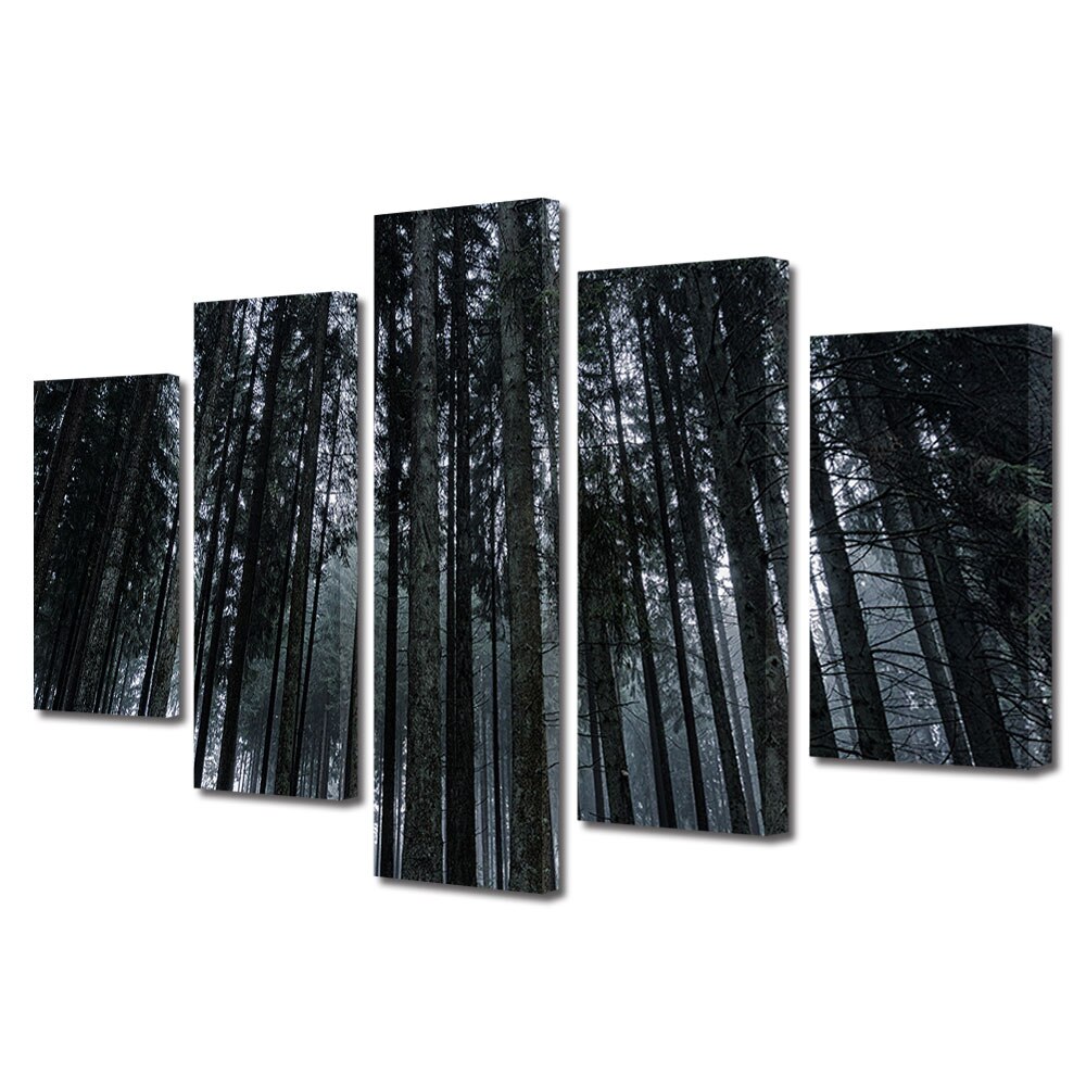 Set Tablouri Multicanvas, ArtDeco, Padure intunecata de brazi, Panza pe cadru de lemn, Decoratiuni Moderne pentru Casa, 5 piese, 110 x 200 cm