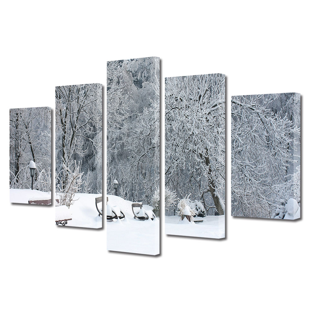 Set Tablouri Multicanvas, ArtDeco, Banci acoperite cu nea, Panza pe cadru de lemn, Decoratiuni Moderne pentru Casa, 5 piese, 120 x 225 cm